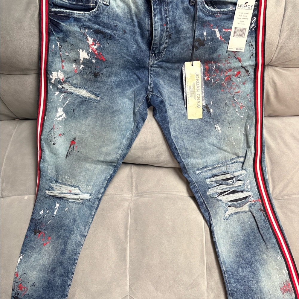 BRAND NEW Jordan Craig Blue Distressed stretch Jeans with Red Stripe. 36/30